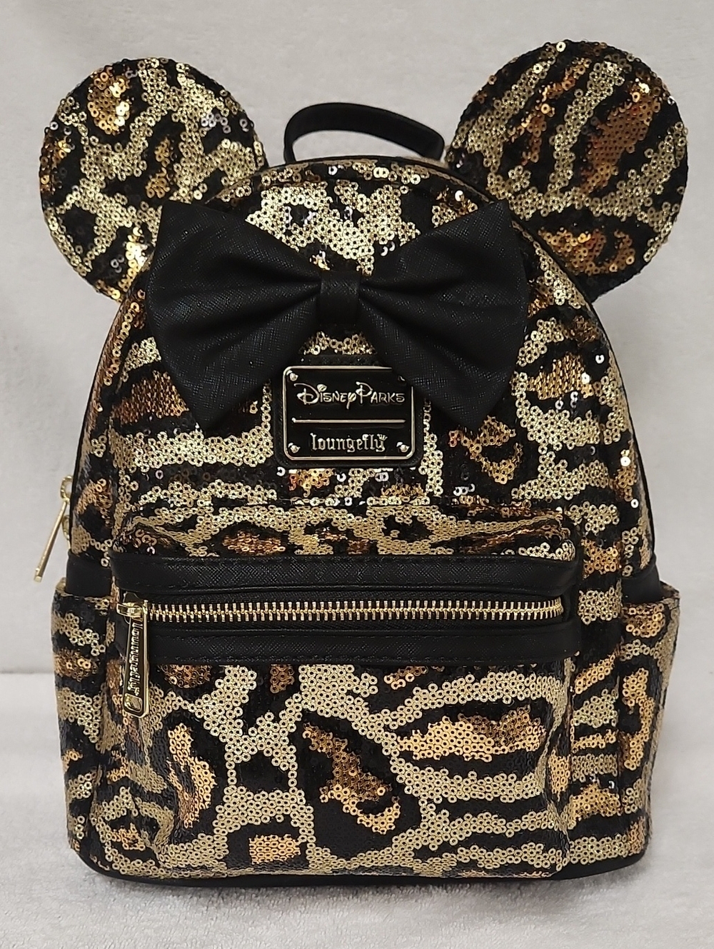 Disney Parks Loungefly Leopard Sequin Minnie Backpack with Bow And Ears